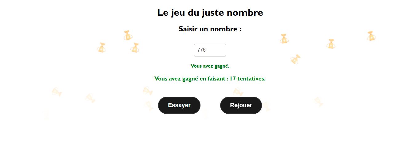 Capture d'écran du jeu du Juste Nombre en JavaScript